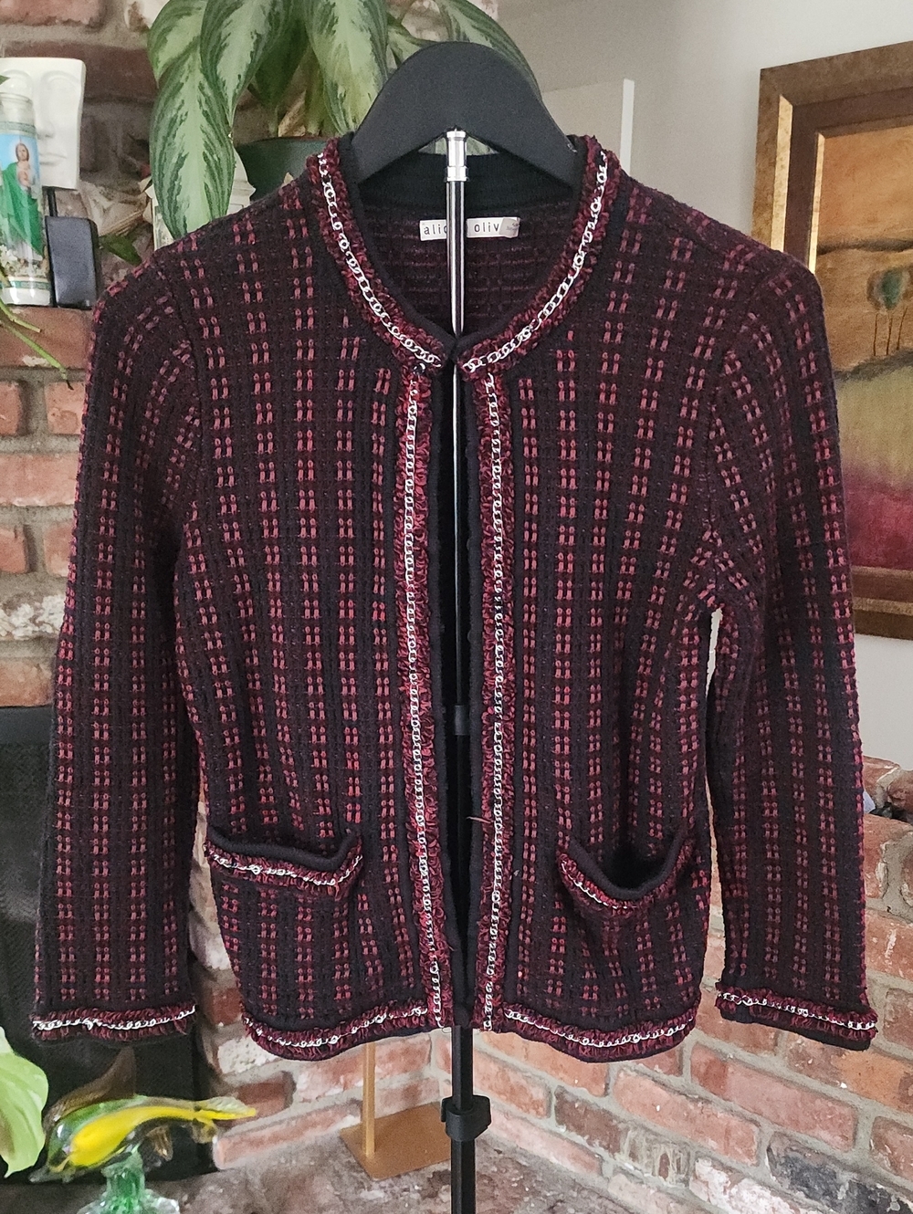 Alice + Olivia Tweed Knit Jacket Burgundy Black Fringe Trim Open Front Blazer - Picture 2 of 12